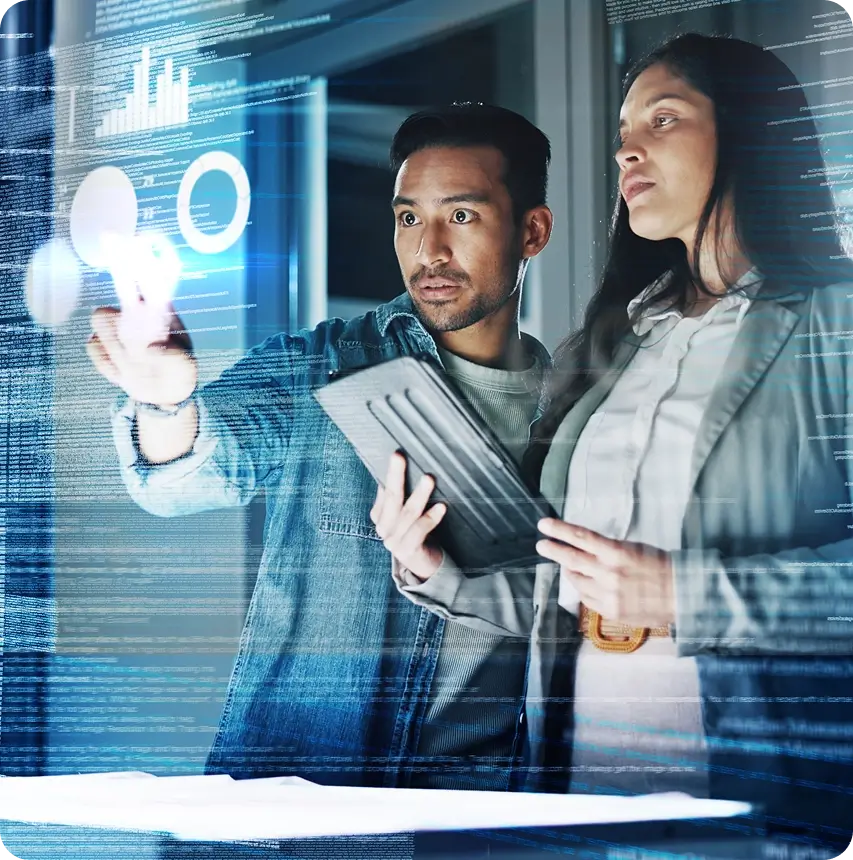 Two professionals interacting with a futuristic digital interface.