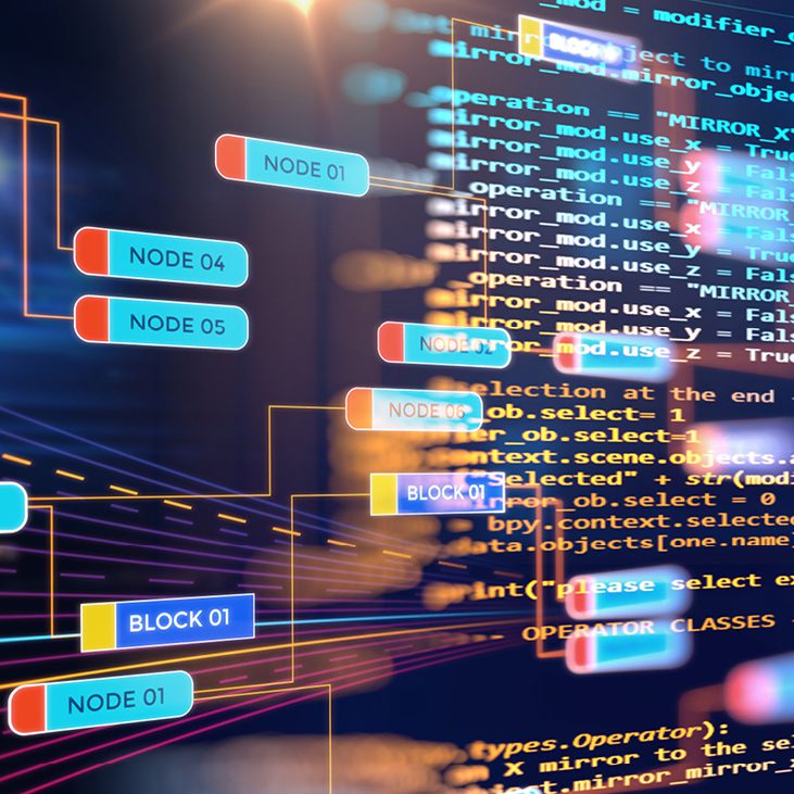 Digital interface showing blockchain nodes and blocks with code.