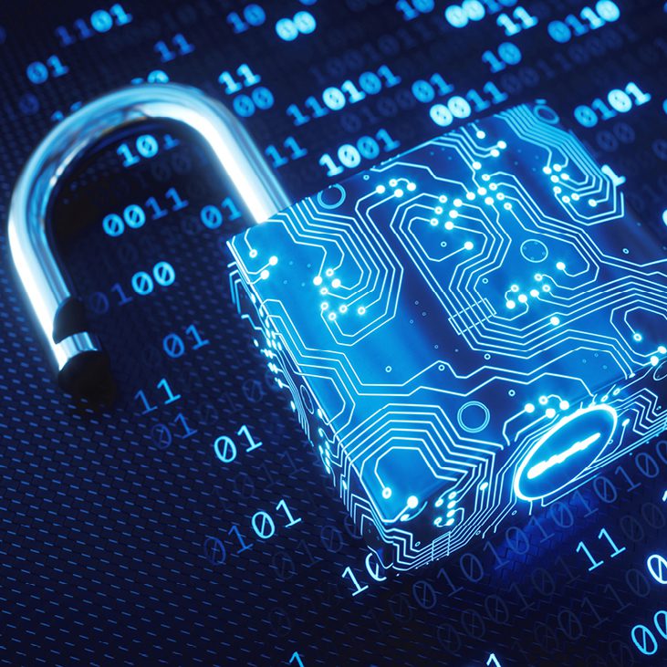 Digital padlock symbolizing cybersecurity and data protection.