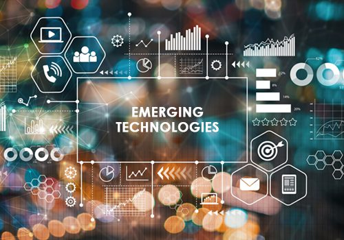 Digital interface showing emerging technologies icons and data charts.